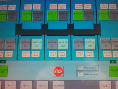 Bedieningspaneel spuicomplex Den-Oever. Er wordt met drie kleuren gewerkt. Blauw, grijs en groen.