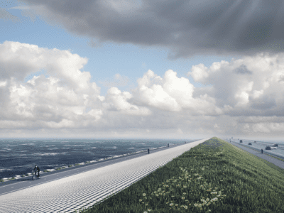 Impressie van de verbouwde Afsluitdijk. Links zie je het nieuwe fietspad met een fietser. Aan de rechterkant van de fietser zie je de nieuwe Levvelblocks. Daarnaast is een fietspad en daarnaast de autoweg.