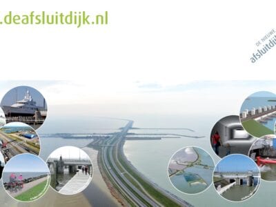 Collage van Afsluitdijk projecten. We zien een foto van de weg op de Afsluitdijk. Aan de beide kanten bij het water staan zes bollen. In die bollen staan projecten die op de Afsluitdijk plaatsvinden.