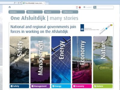 Afbeelding van de website: theafsluitdijk.com. We zien een Engelse pagina met vijf stroken: safety, management, energy, economy, nature.