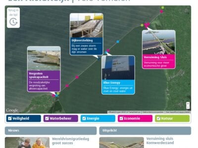 Voorbeeld van de nieuwe website voor projecten van de Afsluitdijk (www.deafsluitdijk.nl). Je ziet een webpagina. In het midden zie je een kaart van de Afsluitdijk met bolletjes en tekstvlakken. In deze vlakken staat (links naar rechts): vergroten spuicapiciteit, dijkversterking, Blue energy, Verruiming sluis.