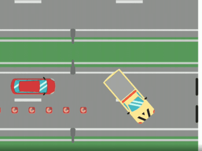 Op de afbeelding zie je een visualisatie van de weg bij de Afsluitdijk. Op de weg, rechts, rijdt een rode auto langs pioenen. Voor de rode auto staat een gele ambulance schuin op de weg.